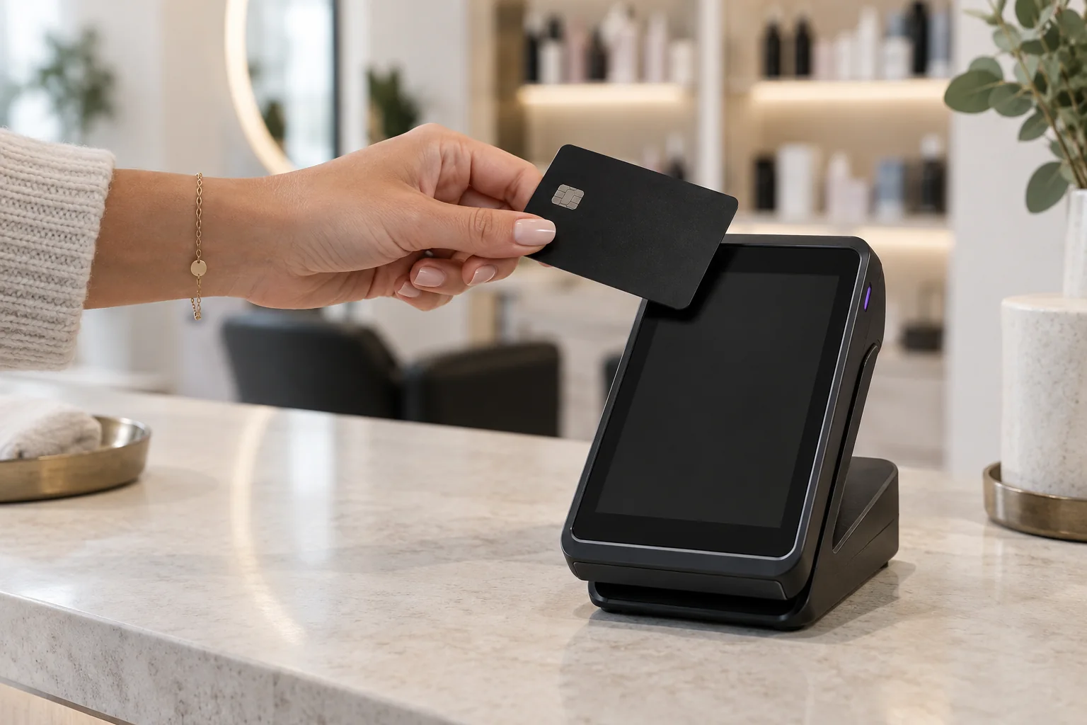 Customer tapping a contactless card on a payment terminal